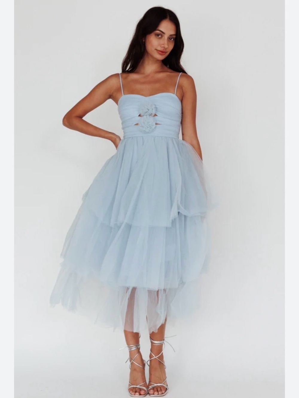 Selfie Leslie Pale Blue High-Low Tulle tiered ruffle Midi Dress
